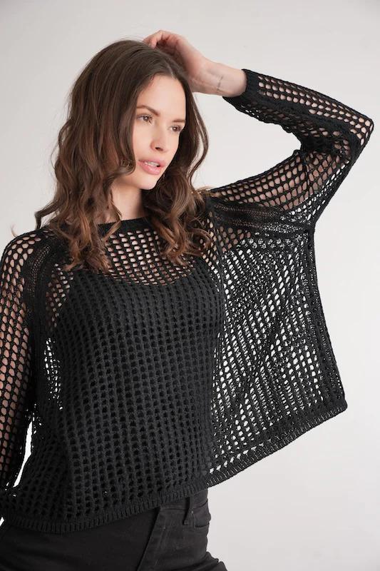 stateside mesh sweater dress Mesh Crew Neck Long Sleeve Mini Sweater Dress